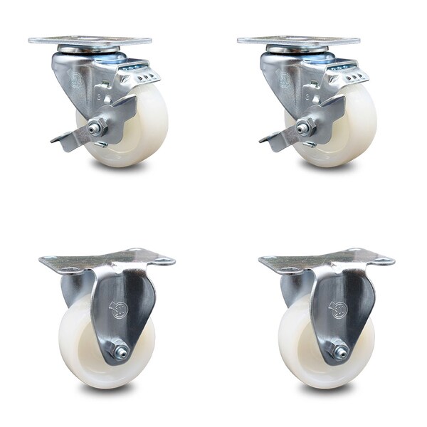 3 Inch Nylon Wheel Swivel Top Plate Caster Set with 2 Brake 2 Rigid SCC